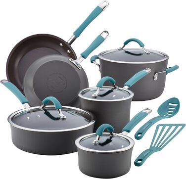 Набір антипригарного посуду Rachael Ray Cucina з алюмінію, сірий з блакитними ручками, каструлі та сковороди
