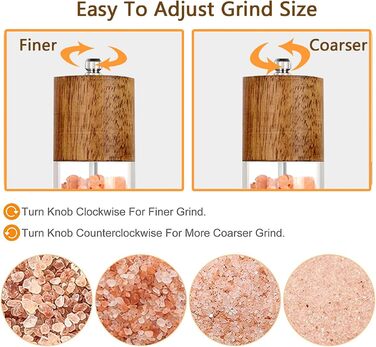 Salt and Pepper Grinder Set of 2 with Coasters, Manual Pepper Grinder, Wooden Salt Grinder, Adjustable Ceramic Grinder for Spices, Pepper, Salt, Height: 21.5 cm