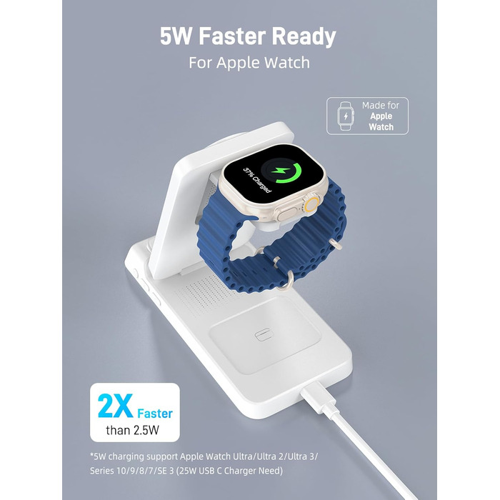 MagSafe Зарядна станція 3-в-1 для Apple Watch та iPhone 15/16/17 Pro Max, бездротовий зарядний пристрій для AirPods (25W адаптер, білий)