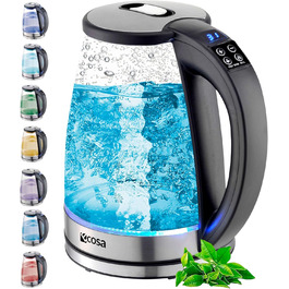 Електричний чайник Ecosa® зі скляною колбою та нержавіючою сталлю, 1,8 л, 2200 Вт, регулювання температури 40°C-100°C, з підігрівом, LED-підсвічуванням, BPA Free