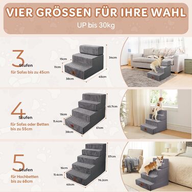 Sytopia dog stairs 40 cm high, 3 steps, dog stairs for bed sofa for small dogs, pet stairs washable, foam stairs, for injured older dogs (34cm height, Grey)