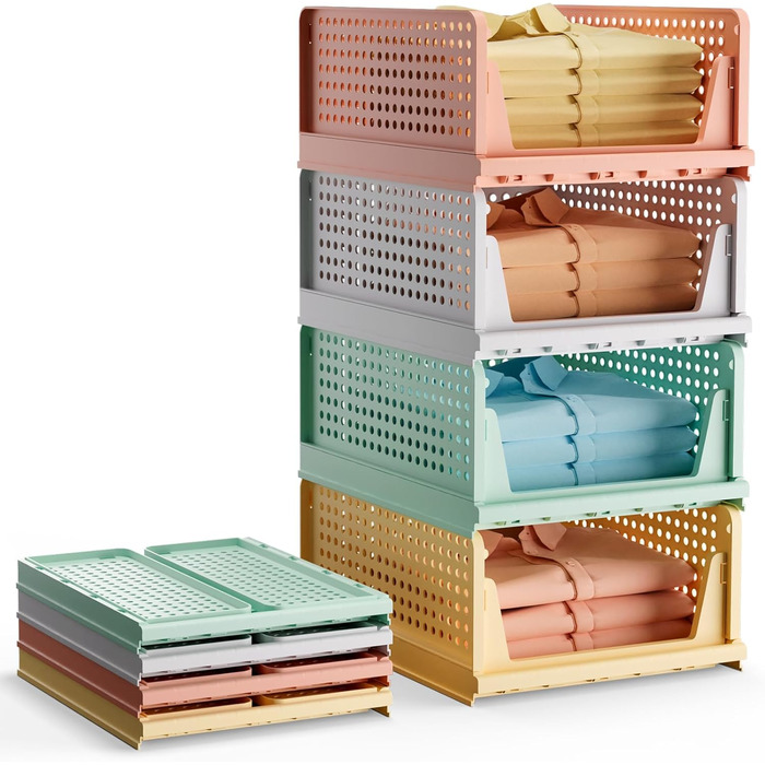 4-Piece Closet Organizer Stackable Plastic Closet Organizer Storage Box, Easy-Pull Drawer Dividers for Clothing Closet Pantry Laundry (4-Piece Mix-color)
