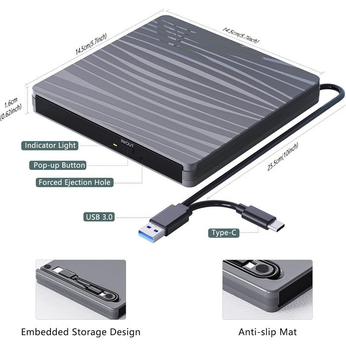 Зовнішній DVD-привід USB 3.0 та Type-C, портативний CD/DVD+/-RW записувач для ноутбука, ПК, MacBook, Windows, MacOS, Linux (Сірий)