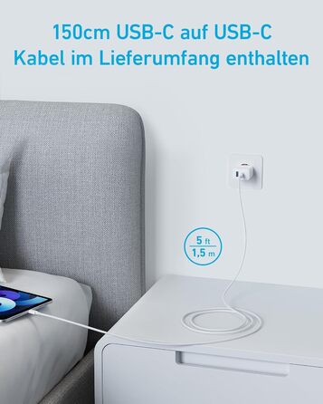 Зарядний пристрій Anker 20W USB-C, адаптер живлення для iPad, швидка зарядка, сумісний з iPhone 17/16/15, кабель USB-C 150 см