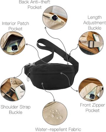 Поясна сумка чоловіча/жіноча водонепроникна для подорожей, фестивалів, спорту та міста (чорна)