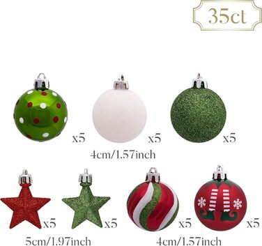 Набір ялинкових прикрас Victor's Workshop 35 шт. 5 см, пластикові кулі, червоно-зелено-білий декор для ялинки, тематика ельфів