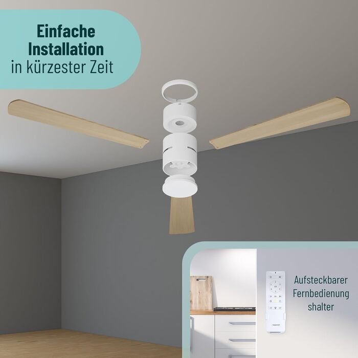 Стеляний вентилятор Noaton® Fornax Weiß з підсвічуванням, діаметр 132 см, DC мотор 40 Вт, регульоване LED-освітлення 22 Вт, 3 колірні температури, пульт дистанційного керування, таймер, повітряний потік до 185 м³/хв (Zoya WL)