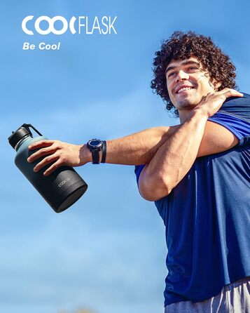 Термопляшка Coolflask 2л з соломинкою та 3 кришками, нержавіюча сталь, для спорту та офісу, Indigo Schwarz