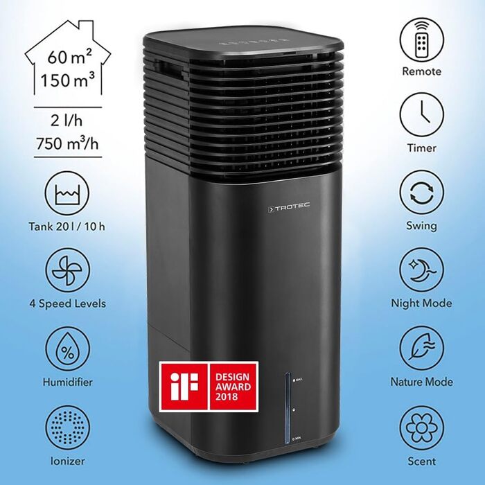 Охолоджувач повітря Trotec PAE 50: 4-в-1 – кондиціонер, вентилятор, очищувач повітря, зволожувач, 20 л бак, 4 швидкості, таймер, іонізатор