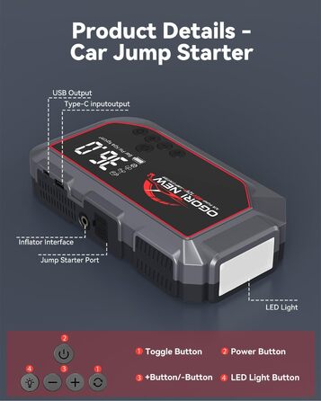 Портативний пусковий пристрій OGORI з компресором 150 PSI та LED-ліхтариком, 7000A, для автомобілів 12V (8L бензин/10L дизель)