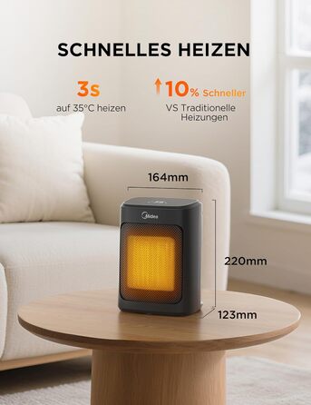 Електричний обігрівач Midea Ceramic 2000W з термостатом, 3 режими, таймер 24г, захист від перегріву та перекидання, миттєве тепло для офісу та спальні, 22 см, чорний