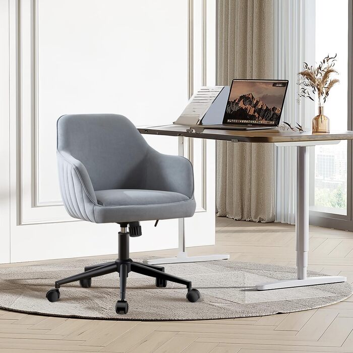 Офісний стілець для дому та офісу до 136 кг, обертовий, оксамитовий, з підлокітниками та колесами, ергономічний, зручний для жінок та дівчат, регульована висота, спальня, домашній офіс (Сірий, Оксамит)