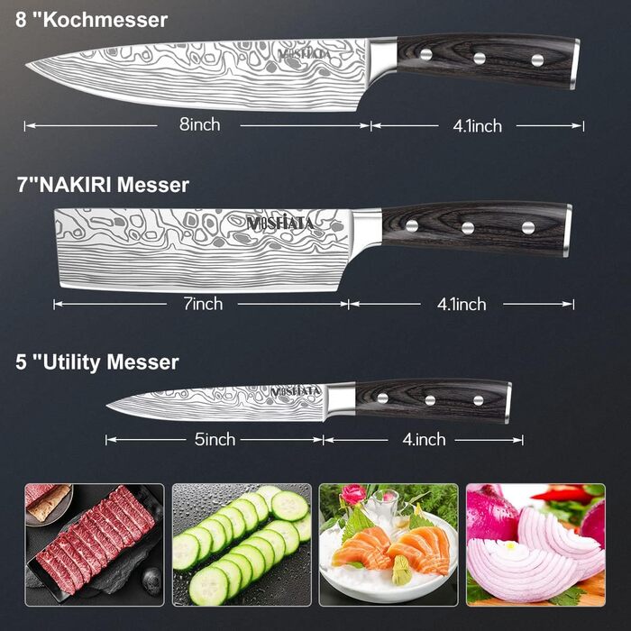 Набір кухонних ножів MOSFiATA 5 предметів: Ніж шеф-кухаря, ніж Накірі, ніж для овочів, ніж для хліба, точилка для ножів та подарункова коробка (Нержавіюча сталь)