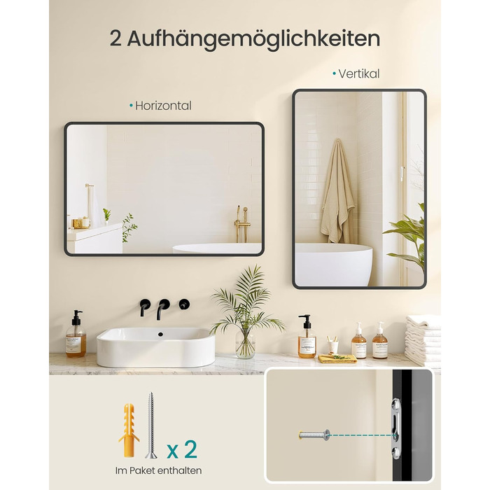 Дзеркало для ванної кімнати SONGMICS, прямокутне, з алюмінієвою рамою, 91 x 61 см, з захисною плівкою, 2 способи кріплення, для ванної, спальні та вітальні, чорний колір