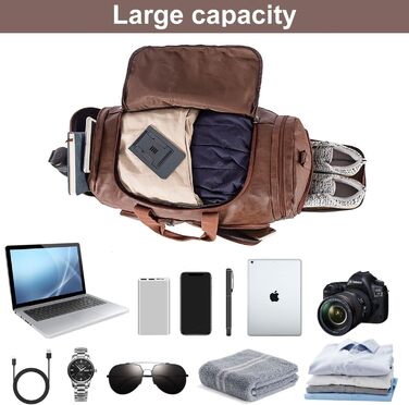 Duffle bag with shoe bag, overnight bag, leather oversized weekend bag, large carry-on bag, duffel bag for women and men ([H]brown)