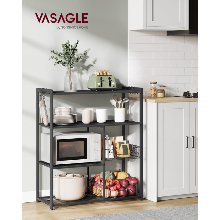 Стелаж кухонний VASAGLE з 2 металевими кошиками, з гачками та полицями, для мікрохвильової печі, 35 x 80 x 93,5 см, золотий дуб + білий (KKS096W09)