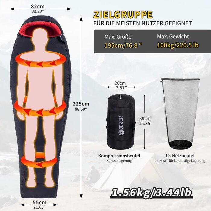 Пуховий спальний мішок для дорослих та дітей, легкий зимовий спальник Outdoor 8°C ~ -30°C для кемпінгу та альпінізму з 650 FP гусячим пухом, чорний, 1000g