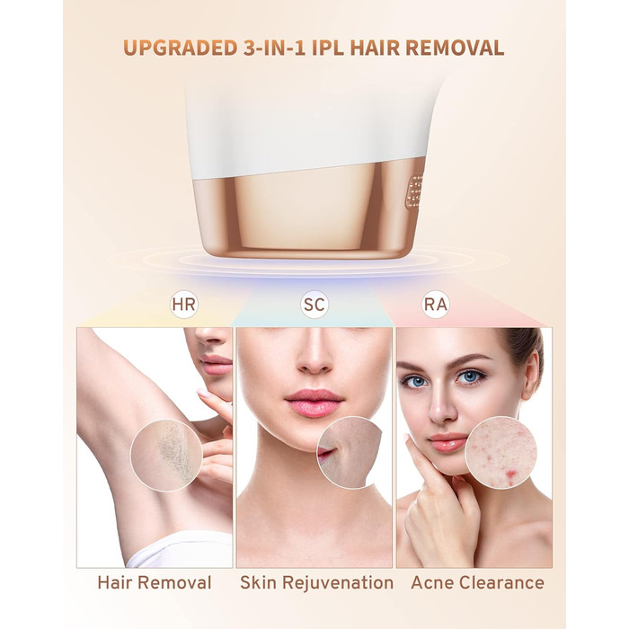 Лазерний епілятор ZKMAGIC з 9 рівнями потужності та 3 функціями (HR/SC/RA), 999 900 імпульсів. Безболісна епіляція лазером для жінок та чоловіків, для обличчя, тіла, ніг та під пахвами.