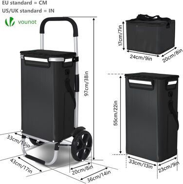 Складна господарська сумка-візок VOUNOT 50 л з алюмінію, водонепроникна з термовідділенням, великі колеса з бризковиками, чорна
