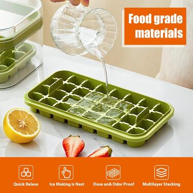 AHOUGER 2023 Ice Cube Tray with Lid & 64 Ice Cube Molds - One-Click Food-Grade Ice Cube Mold for Instant Release of All Ice Cubes (BPA-Free), Green
