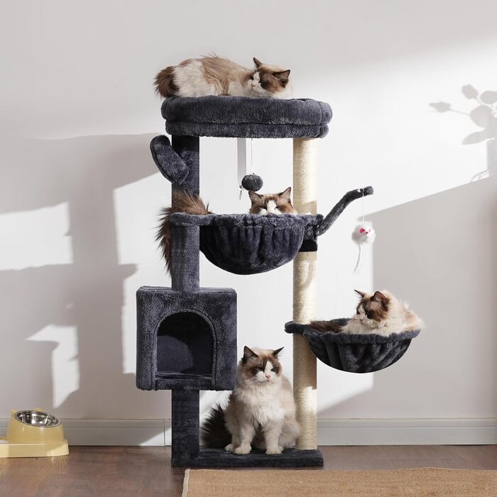 Кігтеточка-кімнатний комплекс Heybly Kratzbaum 100см з платформою, гротою, 2 гамаками та іграшками. Колір: сірий. Модель: HCT006SG