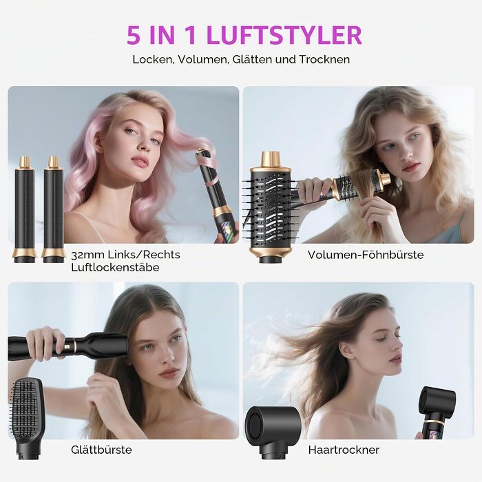 Стайлер для волосся 5 в 1 UKLISS Airstyler: іонний фен-щітка з автозавиванням (32 мм), набір для сушіння, випрямлення та об'єму, чорний
