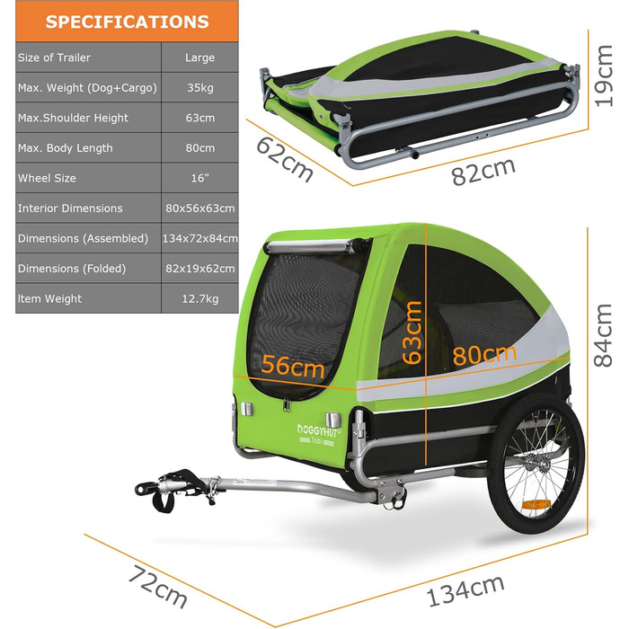 DOGGYHUT® Tobi - великий велотрейлер для собак до 35 кг (зелений)