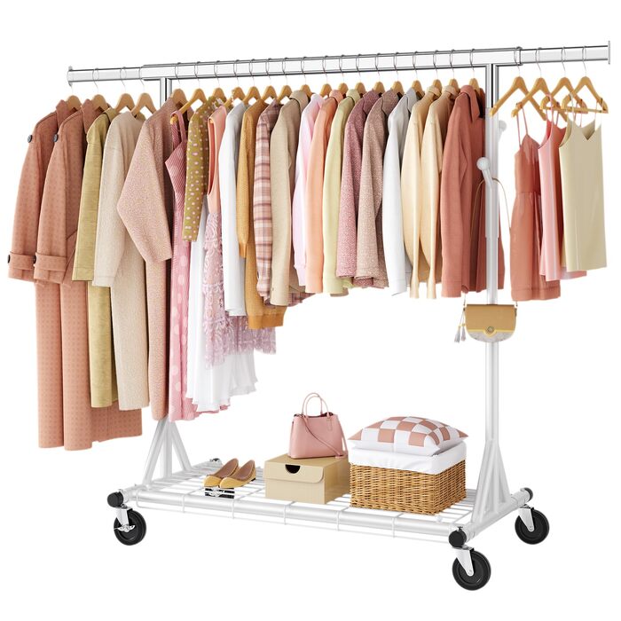 Стійка для одягу на колесах FAVOOOSTY, металева, мобільна, до 200 кг, швидка збірка, білий колір, 1 перекладина
