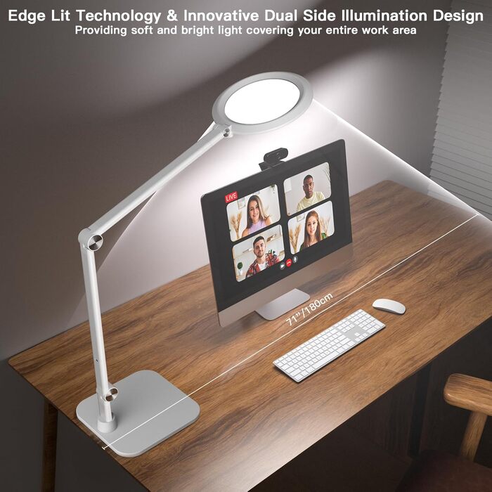 LED лампа настільна з денним світлом для відеоконференцій, офісна лампа з підставкою, регульована з 4 режимами кольору, 18W світло для відео, захищає очі, підходить для дому та офісу, матовий білий