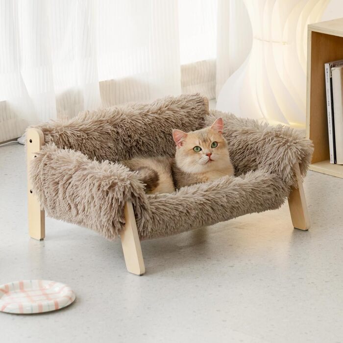 MEWOOFUN Elevated Cat Bed Sofa made of Wood, 56x45cm Sturdy Large Cat Sofa – Fashionable Cat Stool with Removable Mattress Cover. Holds up to 10 kg (Light Brown, 56x45cm)