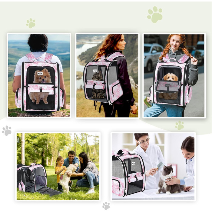 Рюкзак для кота Lekebobor, розкладний, переноска для тварин, для маленьких собак та середніх котів до 8 кг, для подорожей та піших прогулянок, у смугастий колір, 12.6'L x 11.2'W x 16.5'H - L, рожевий з квітковим малюнком