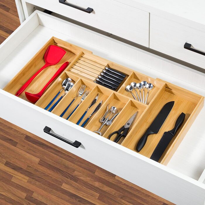 VaeFae Bamboo Cutlery Box, Adjustable Drawer Cutlery Insert, Cutlery Organizer for Kitchen, and Expandable Utensil Holder