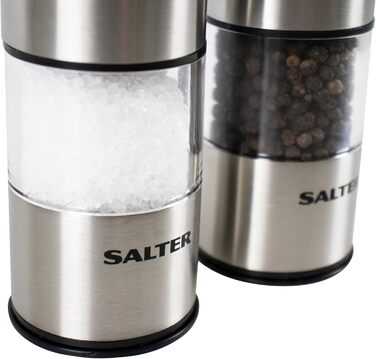 Електричні соляна та перцева млинки Salter 7522 SSTUR15UP з нержавіючої сталі, BPA-free, регулювання помолу, 60г солі/30г перцю, підсвічування