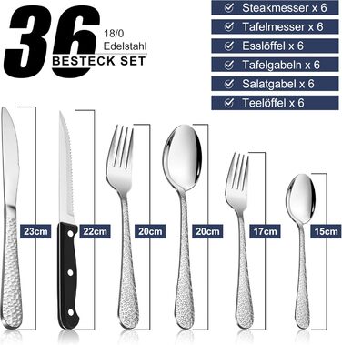 Набір столових приборів HaWare, 60 предметів, нержавіюча сталь, на 12 осіб (ніж, виделка, ложка). Сучасний дизайн з молотковою ручкою для дому, вечірки, ресторану, готелю. Відшліфовано до блиску, придатний для миття в посудомийній машині. Включає набір з 
