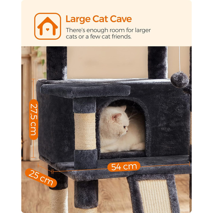 Драбина-кіготь для котів Feandrea, XXL, 169 см, сірий (PCT019W01, 54x49x169 см)