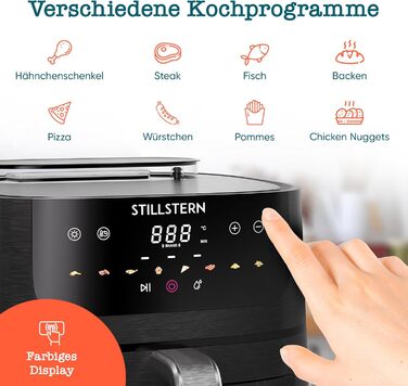 Stillstern Airfryer з оглядовим вікном, 8л, з парою та функцією Shake, 80-200°C, 1800W, таймер 120хв, 100 рецептів, чорний