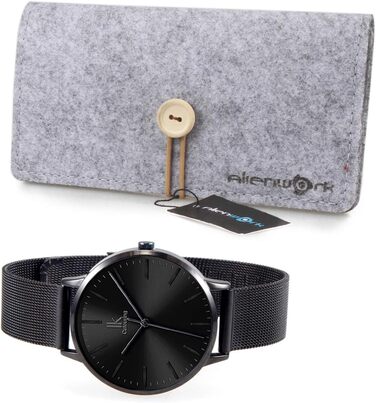 Годинник жіночий Alienwork IK Minimalist, ультратонкий, сітка, чорний ремінець / чорний корпус / чорний сітчастий ремінець