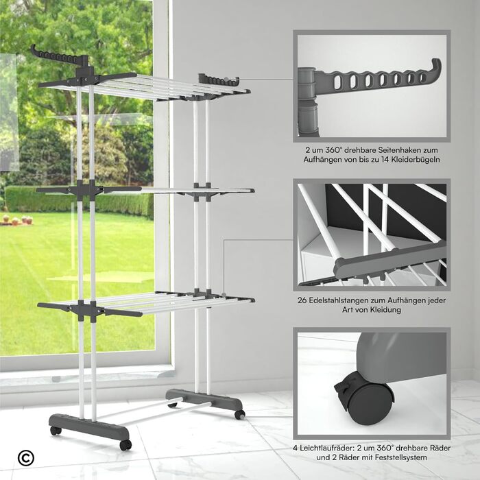 Сушарка для білизни VertiSlim Dry складана, вежа з 4 рівнями, нержавіюча сталь, з колесами та бічними крилами, сіра - для дому та вулиці