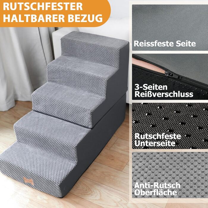 Non-slip Dog Stairs for Small Dogs 3-Step, Dog Ramp for Bed and Sofa made of High-Density Sponge, Pet Stairs with Removable, Washable Cover and Non-Slip Bottom, 45x40x34cm (5 Steps)