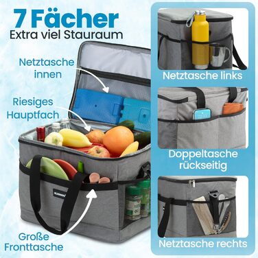 Термосумка HELDENWERK 40L з 7 відділеннями – велика, складна, для пікніка, ланчу, виїздів, сірого кольору, 12 годин охолодження, витримує 40L, з посиленим дном