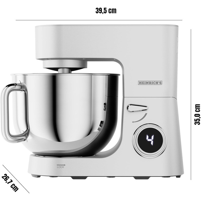 Кухонна машина Heinrichs з подвійним гаком для тіста, міксер, 2500W, 8L чаша з нержавіючої сталі, 8 швидкостей, тиха робота, колір 