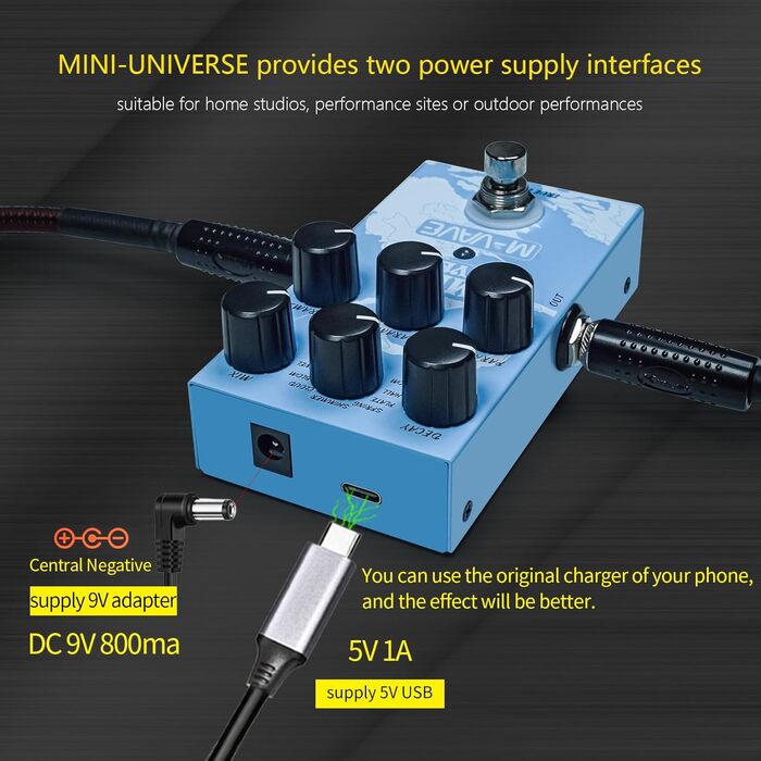 M-VAVE MINI-UNIVERSE гітарний педаль-ревербератор, цифровий ефект з 9 унікальними режимами, просте управління, декілька варіантів живлення