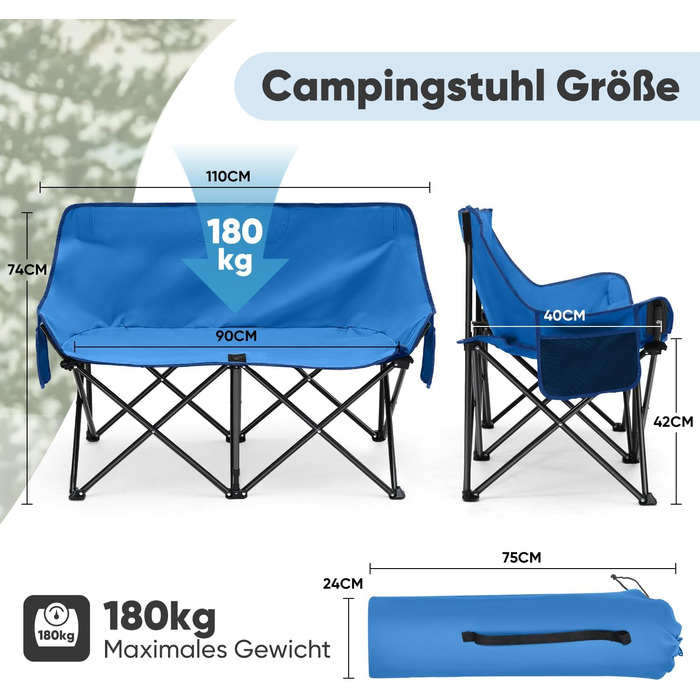 Складане крісло-диван для кемпінгу на 2 особи - переносна модель з підлокітниками та сумкою, блакитний, 110 см. Ідеально для пікніків, кемпінгу, саду, балкону, риболовлі та відпочинку на природі.