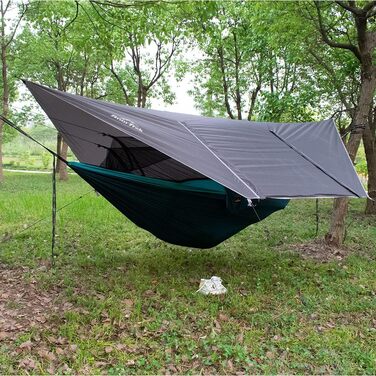 Гамак для кемпінгу з москітною сіткою та тент від дощу, двомісний, 210T нейлон, водонепроникний, для піших прогулянок (зелений, блакитний)