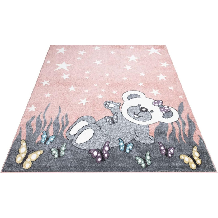 Дитячий килим Carpet City Teddy-Bär рожевий, сірий 190x280 см – короткий ворс, зірки, метелики, м'який ворс
