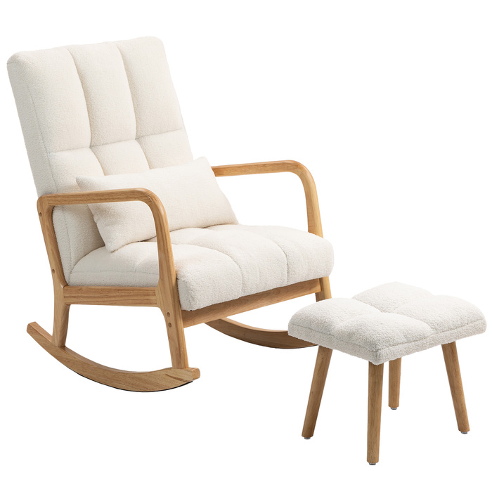 HOMCOM Rocking Chair with Ottoman, Rocking Chair with Fleece Cover, Armrests, High Back, Wooden Sleigh Runners, Padded Swivel Chair, Relax Chair, Accent Chair for Living Room, Bedroom White | Aosom