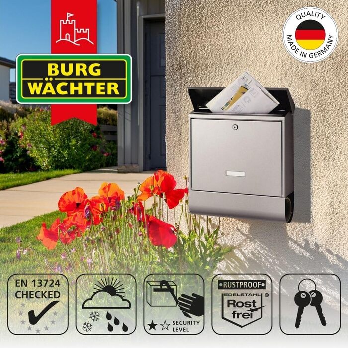 Поштова скринька Burg-Wächter з газетницею та табличкою для імені, нержавіюча сталь, формат DIN C4, 2 ключі, AMZ 2500 NI