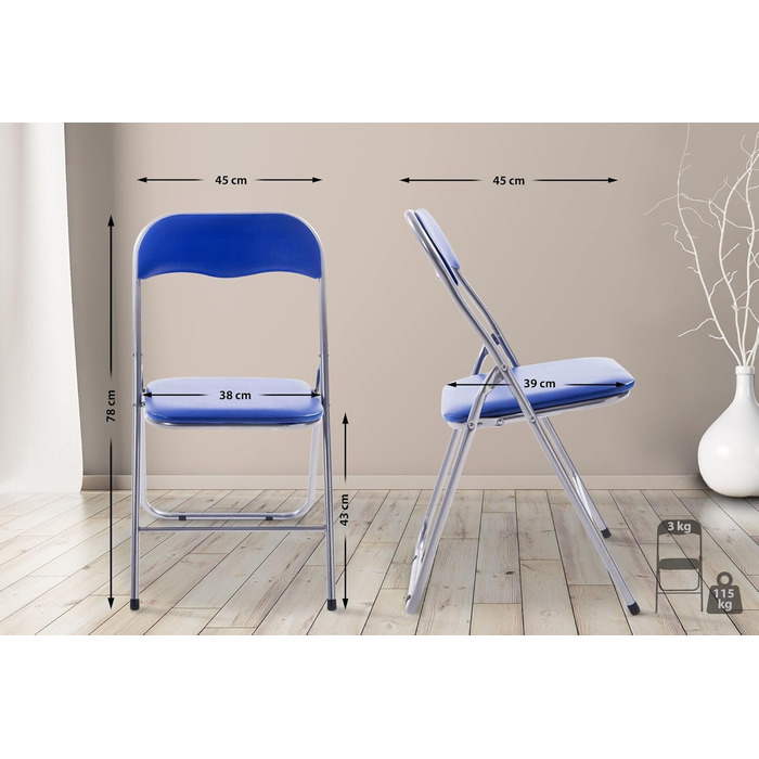 CLP Folding Chair Felix I Padded Folding Chair with Faux Leather Upholstery, Color: (Blue/Silver)