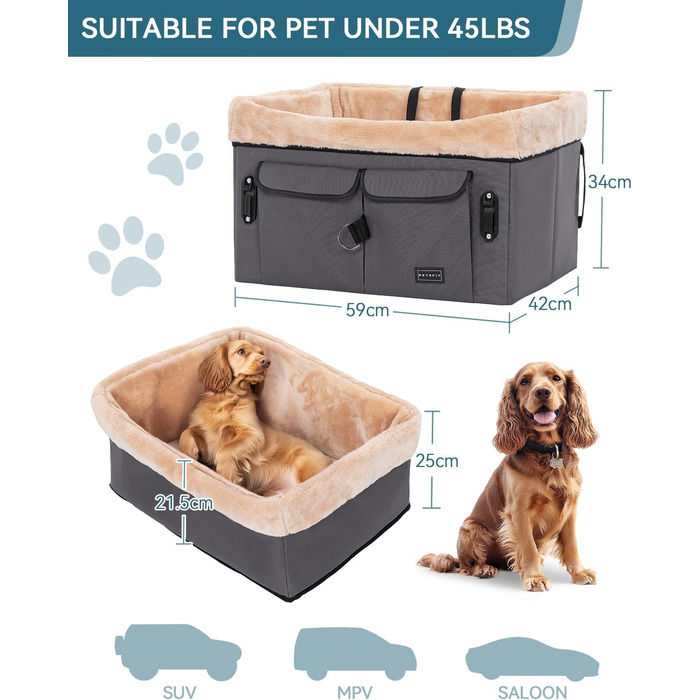 Автокрісло для собак Petsfit M, сірий: зручне автокрісло для середніх та 2 маленьких собак з підкладкою, ременями та кишенею