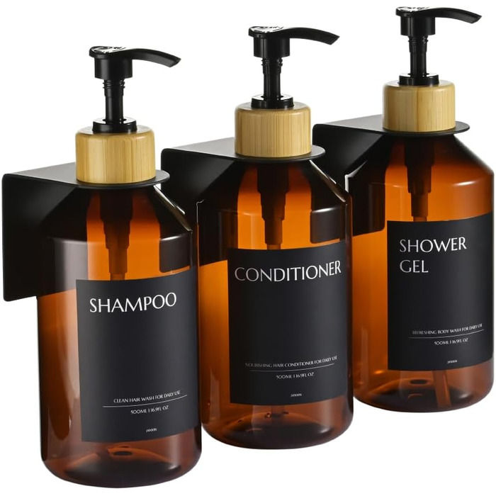 Набір з 3 дозатори мила для стін, 500 мл, флакони для шампуню та гелю для душу, чорний дозатор мила без свердління для кухні та ванної кімнати (коричневий флакон + чорний бамбуковий диспенсер)